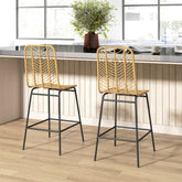 Set of 2 Rattan Barstools Wicker Counter Stools with Steel Legs and Footrest for Dining Room Kitchen Pub Yellow