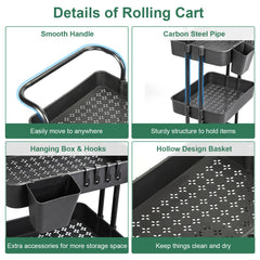 Black-White Color Options 1Pc 3 Tier Rolling Utility Cart Movable Storage Organizer With Mesh Baskets Lockable Wheels 360 Degree Rotatable Hanging Box Hooks Bedroom Bathroom Kitchen