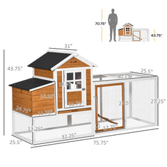 76" Wooden Chicken Coop with Safe and Healthy Non-Polluting Materials, Outdoor Hen House Poultry Cage with Weatherproof Materials