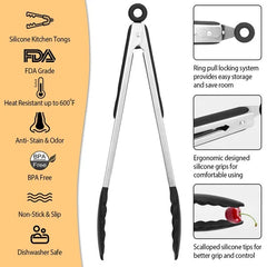 3Pcs Kitchen Tongs Stainless Steel Locking Food Tongs With Silicon