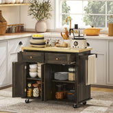 Kitchen Island Cart with Rubber Wood Top, Rolling Kitchen Island Table on Wheels with Drawers, Adjustable Shelves, Spice Rack and Towel Rack for Dining Room, Brown Oak