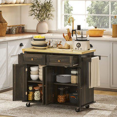 Kitchen Island Cart with Rubber Wood Top, Rolling Kitchen Island Table on Wheels with Drawers, Adjustable Shelves, Spice Rack and Towel Rack for Dining Room, Brown Oak