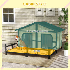 59x64x39 Large Wooden Dog House Raised Weatherproof Rustic Log Cabin Style Elevated Pet Shelter Porch Deck, Natural