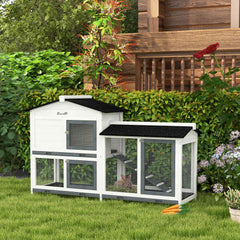 62" Rabbit Hutch, Wooden Bunny Hutch, Guinea Pig Cage, Small Animal Enclosure with Run Area, Removable Tray, Asphalt Roof, Lockable Doors and Ramp, for Rabbits, Chickens, Ducks, White