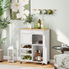 Rolling Kitchen Cart, Kitchen Island with Storage Drawer, 9-bottle Wine Rack, Door Cabinets, Wooden Countertop, White