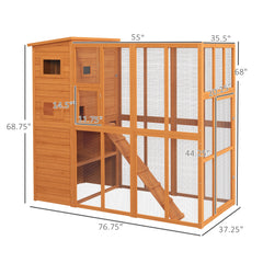 Wooden Outdoor Catio with Platforms, Asphalt Roof, Ramps, Natural