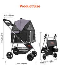 Pet Stroller Foldable 4 Wheels Dog Stroller Detachable Carrier Up To 35lbs