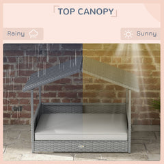 Wicker Dog House Outdoor with Canopy, Rattan Dog Bed with Water-resistant Cushion, Raised Pet Bed for Small, Medium Breeds up to 66 lbs, 20" in Length, Silver Wicker, White Cushion