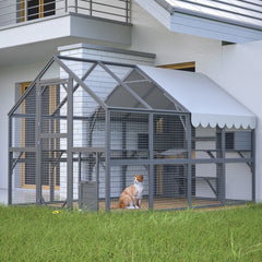 Extra Spacious Catio Outdoor Cat Haven, 110 Inch Luxury Cattery With Weather-Resistant Roof, Cat Climbing Ramp, Space Pod Bed, 2 Lounging Huts