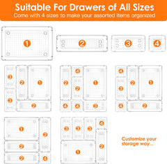 25Pcs Clear Plastic Drawer Organizers Set 4 Sizes Desk Drawer Dividers Trays Storage Bins For Vanity Cabinet Makeup Bathroom Office Kitchen Bedroom Jewelry