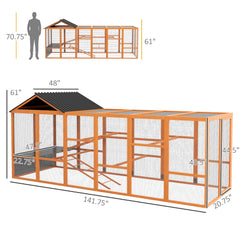 Wooden Chicken Coop Run for 6 - 10 Chickens, Hen House Add-On with Storage, Perches, 141.75" x 48" x 61", Orange