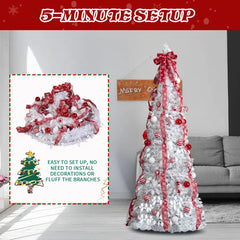 7 FT Fully Decorated Pre-lit Christmas Tree, Pop Up Artificial Xmas Tree With 170 Warm Lights And Red Ornaments For Home Office Store Holiday Deco, White
