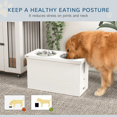 PawHut Elevated Dog Bowls With Slow Feeder Mat, Storage Cabinet, 3 Stainless Steel Bowls For Large & Extra Large Dogs, White