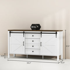 59" Buffet Cabinet, Farmhouse Sideboard with Thick Top, 2 Barn Doors, 4 Drawers and 2 Adjustable Shelves, White