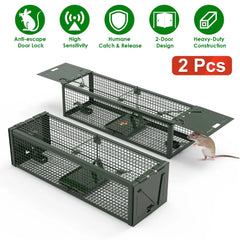2Pack 15.35x4.72x3.94in 2-Door Humane Live Rat Trap Galvanized Iron Rodent Trap Cage Reusable For Home Garden Farm Warehouse