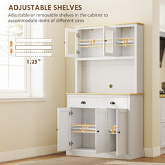 Freestanding Kitchen Cabinet, 71" Tall Pantry Cabinet, Modern Hutch with Wide Countertop, Adjustable Shelves, White