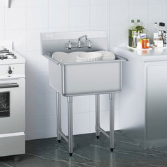 Stainless Steel Prep & Utility Sink, 1 Compartment Free Standing Small Sink Include Faucet & Legs, 27'x41' Commercial Single Bowl Sinks For Garage, Restaurant, Kitchen, Laundry