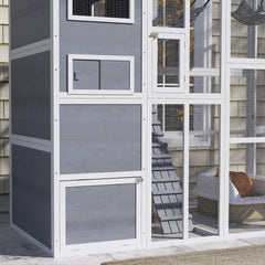 Large Wooden Catio Outdoor, Cat Enclosure w/ 4 Tier Resting Rooms, 3 Platforms, 1 Soft Ladder, 2 Ramps, 1 Hammock, Gray