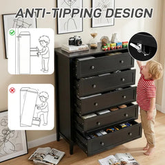 Black Embossed (SG017FD) P2 Particleboard + MDF Melamine 80*40*115cm Framed, Double Handles, Five Drawers Cabinet