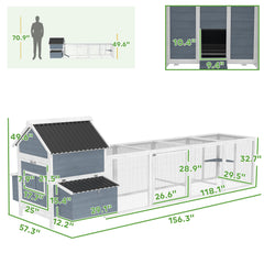 156" Extra Large Wooden Chicken Coop with 2 Nesting Box, Run Cage, Waterproof Wave Roof, for 10-15 Chickens, Light Gray