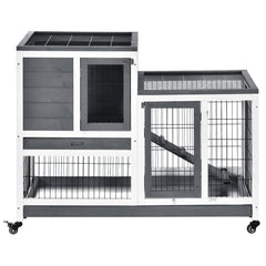 Wooden Rabbit Hutch Elevated Bunny Cage Indoor Small Animal Habitat with Enclosed Run with Wheels, Ramp, Removable Tray for Rabbits, Chickens, Ducks, Guinea Pigs, Gray