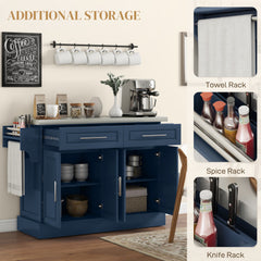 Rolling Kitchen Island with Stainless Steel Top, 2 Drawers, Spice, Knife and Towel Rack and Cabinets, Navy Blue