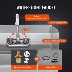 Commercial Hand Sink With Faucet And Side Splash, Stainless Steel Sink For Washing, Small Hand Washing Sink, Wall Mount Hand Basin For Restaurant, Kitchen, Bar, Garage And Home, 17x12.8 Inch
