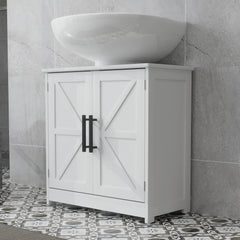 Farmhouse Pedestal Sink Storage Cabinet, Bathroom Sink Cabinet with 2 Barn Doors and Adjustable Shelf, White