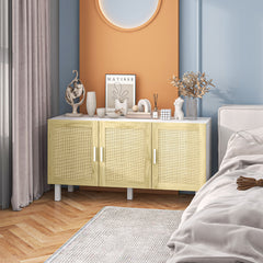 Boho Kitchen Cabinet, Buffet Cabinet with 3 Rattan Doors and Adjustable Shelves for Dining Room, White and Natural