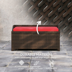 Outdoor Wicker Storage Bench With Storage & Cushion, Red