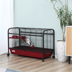 PawHut 41L Small Animal Cage, Pet Play House For Rabbit Hutch Ferret With Feeder, Rolling Wheels, Platform, Ramp