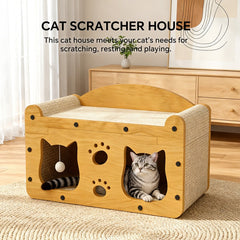 56cm Extra Large Chinese Style Double Door Cat Scratcher Sofa With Cat Head Design, With Free Catnip, For Cats Up To 20lbs