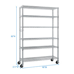 6-Tier Modular Shelving Unit With 1 Row Of Side Hooks Features Adjustable Feet And Casters Iron Construction Freely Adjustable Shelf Spacing Home Shelving Unit 117x45x208cm Silver Paint Finish