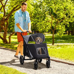 Dog Stroller for Large Medium Small Dogs up to 66 Lbs. 23.5" in Body Length, One-Click Foldable Pet Cat Stroller with Storage, Shock Absorption Wheels, Mesh Window, Safety Leash, Gray