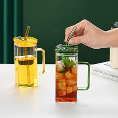 1 Pcs Pink Glass Straw Cup, 6 Colors Square Glass Cup With Straw And Lid, High Borosilicate Glass Cup, Milk Cup, Juice Cup, Cold Drink Cup, Coffee Cup, Tea Cup, Office Cup, Gift Cup