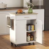 Kitchen Island Cart, Rolling Island Table with Solid Wood Top, Trolley Cart with Drawer, Storage Cabinet & Towel Rack, White