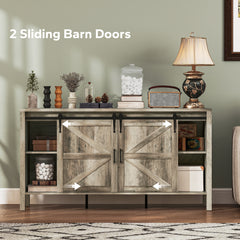59" Buffet Cabinet, Farmhouse Sideboard with Thick Top, 2 Barn Doors, 4 Drawers and 2 Adjustable Shelves, Gray Wash