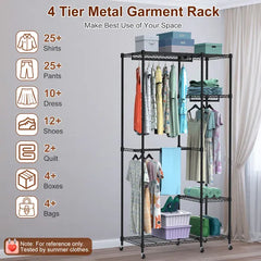 4 Tier Heavy Duty Garment Rack With Wheels Carbon Steel Clothing Rack Portable Wardrobe Clothes Rack With 3 Hanging Rods 6 Footrests 44.9x17.13x77.95in