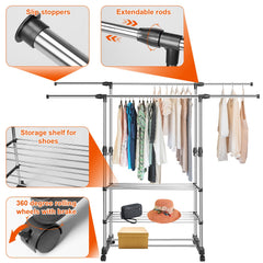 1Pc Extendable Garment Hanging Rack Clothing Hanging Rail Pillow Shoe Display Organizer With Rolling Wheels Hold Up To 77LBS