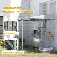 79" Galvanized Steel Large Catio with Waterproof Canopy, Sleeping Box, Jumping Platforms, for 1-3 Kittens, Silver