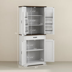 71" Tall Kitchen Cabinet, Farmhouse Pantry Cabinet w/ Barn Doors, 6 Shelves w/ 2 Doors, Drawer and Adjustable Shelves, White