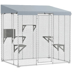 Galvanized Steel Large Catio With Waterproof Canopy, Sleeping Box, Jumping Platforms, For 1-3 Kittens, Silver