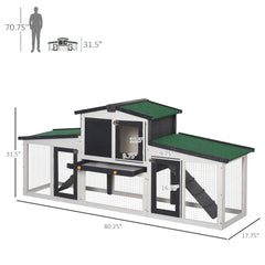 Wooden Large Rabbit Hutch with Double Runs, Removable Tray, Ramps, Roof, 78" x 19" x 34", Outdoor Use, Gray