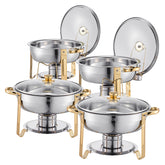 5 Qt 4 Pack Round Chafing Dish Buffet Set Full-Size Pan Stainless Steel Gold
