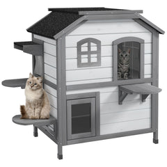2-story Cat House Outdoor, Weatherproof Wooden Cat Enclosure for Feral Cats with Escape Door, Openable Roof, Jumping Platforms, White