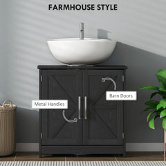 Farmhouse Pedestal Sink Storage Cabinet, Bathroom Sink Cabinet with 2 Barn Doors and Adjustable Shelf, Distressed Black