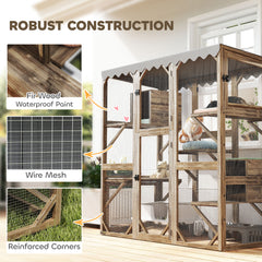 Outdoor Cat Enclosure With Window Access, 5 Platforms And 2 Resting Boxes, Waterproof Roof For Multiple Cats, Brown