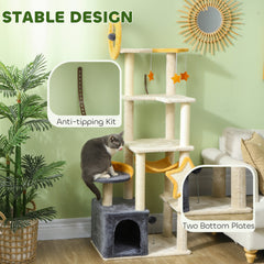63 Inch Moon and Star Themed Cat Tree with Scratching Post, Hammock, Condo, Bed, Scratching Board & Cat Toys, Beige