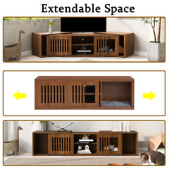 Mid-Century Modern 54.3 Extendable TV Stand Up To With Cat House Litter Box Enclosure Walnut Wood Entertainment Center, Sliding Doors, Hidden Pet Furniture