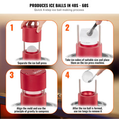 Ice Ball Press, 2.4' Ice Ball Maker, Aircraft Al Alloy Ice Ball Press Kit For 60mm Ice Sphere, Ice Press With Tong And Drip Tray, For Whiskey, Cocktail, Bourbon, Scot On Party & Holiday, Red
